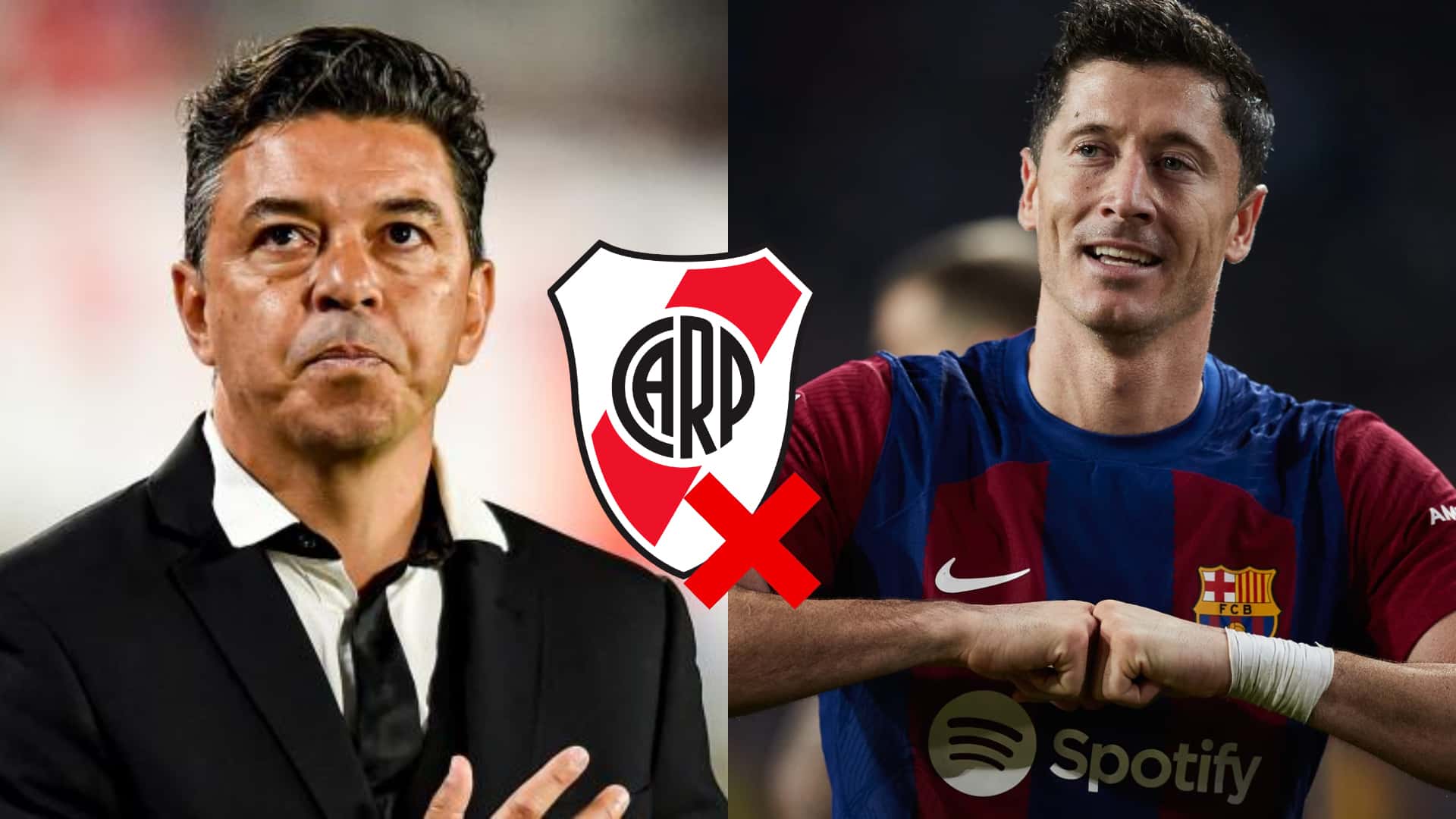 Marcelo Gallardo y Robert Lewandowski en situaciones de fútbol.