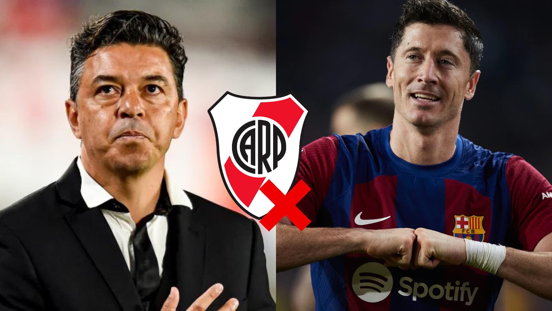 Marcelo Gallardo y Robert Lewandowski en situaciones de fútbol.