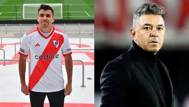 Marcos Acuña con la camiseta de River Plate y Marcelo Gallardo ante Talleres.