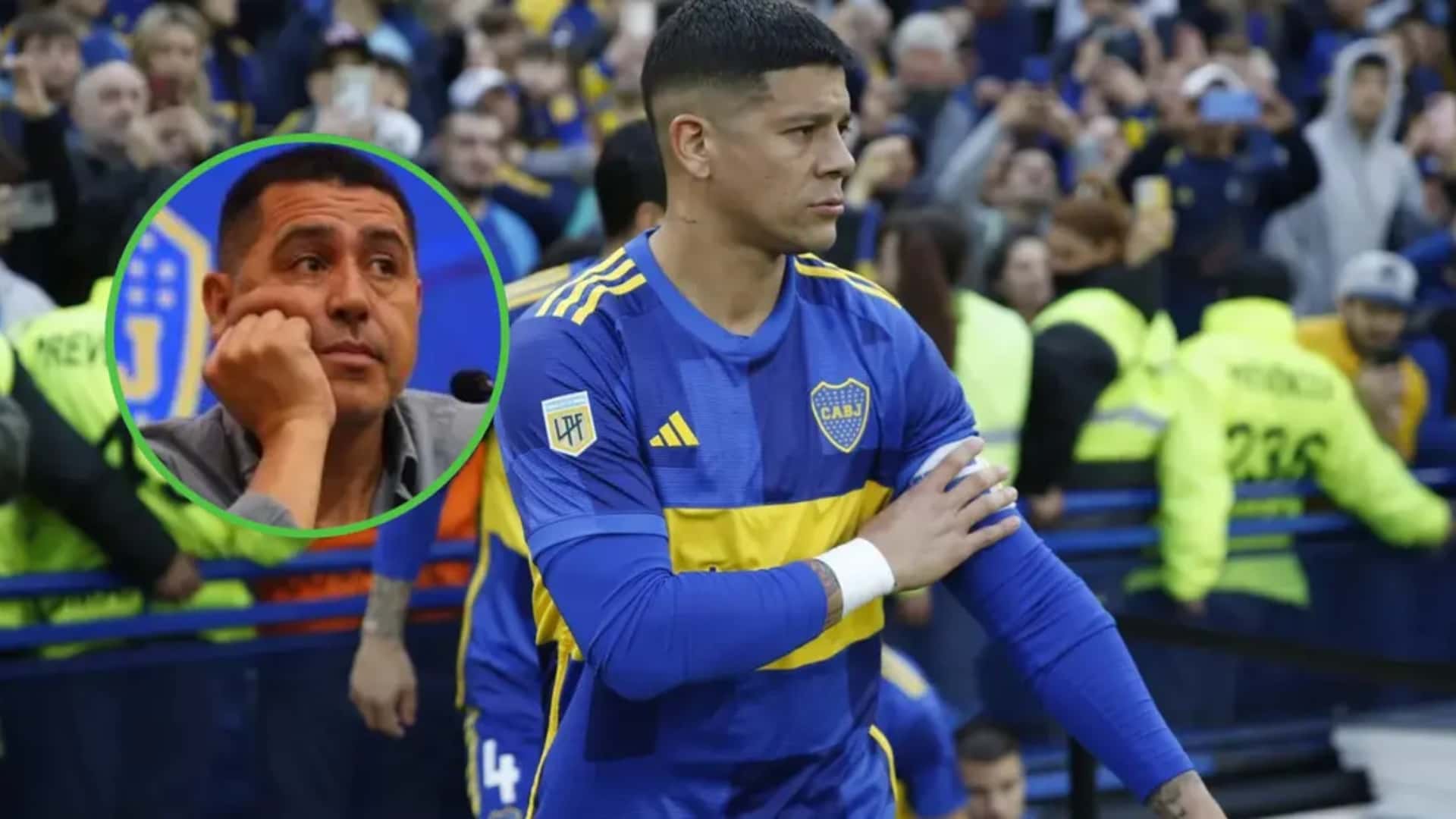 Marcos Rojo se acomoda la cinta de capitán de Boca.