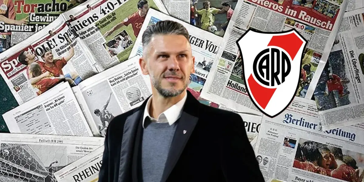 Martín Demichelis sonriendo, con tapas de diarios alemanes detrás.