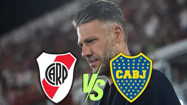 Martín Demichelis y los escudos de Boca y River.