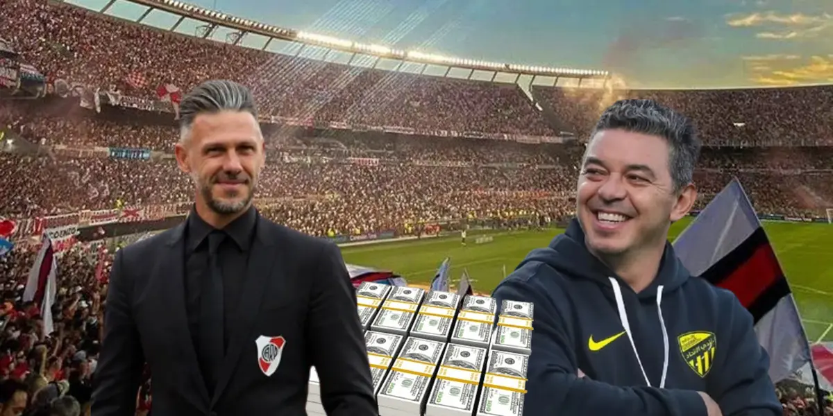 Martín Demichelis y Marcelo Gallardo con el estadio Monumental de fondo.