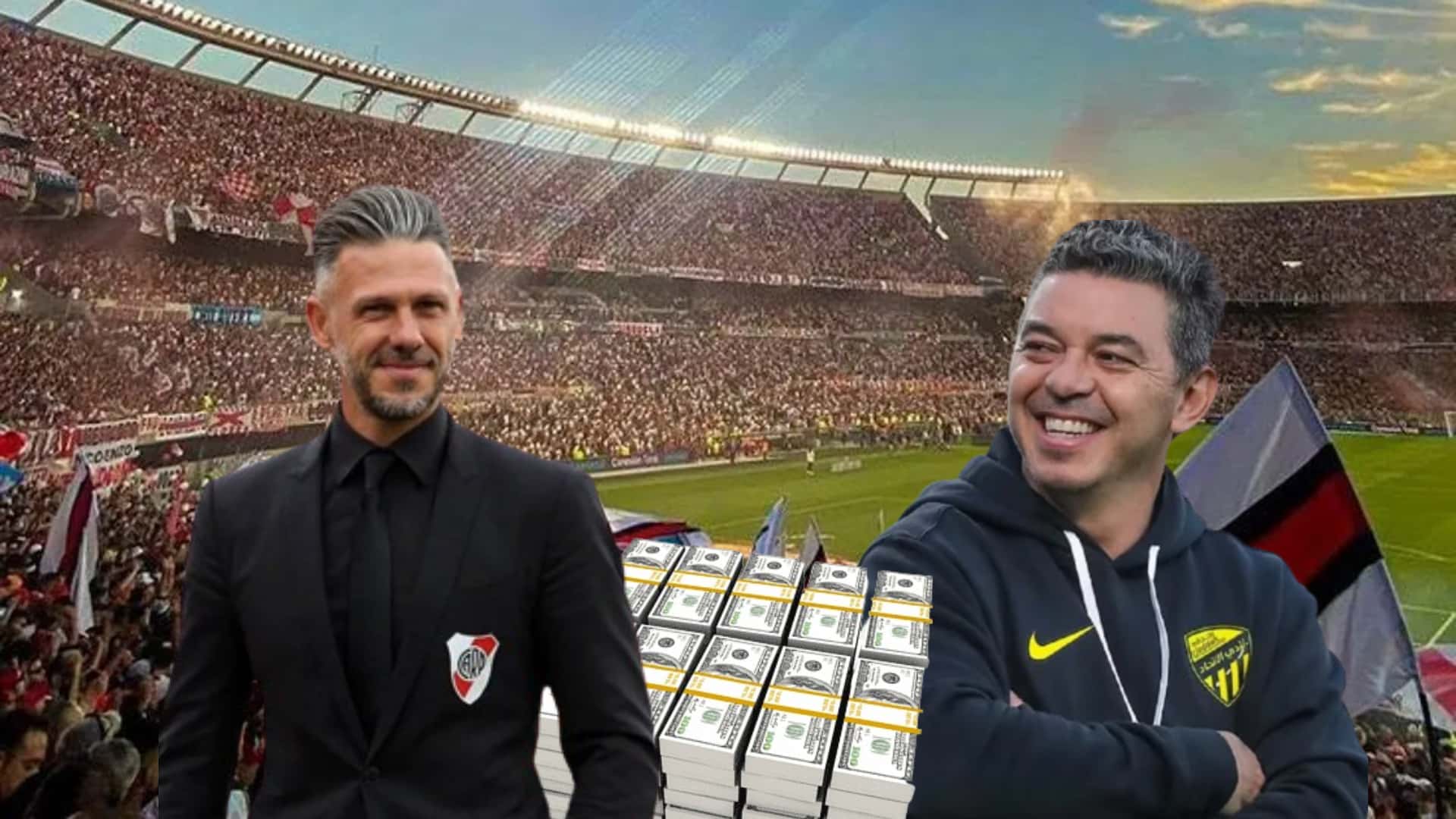 Martín Demichelis y Marcelo Gallardo con el estadio Monumental de fondo.