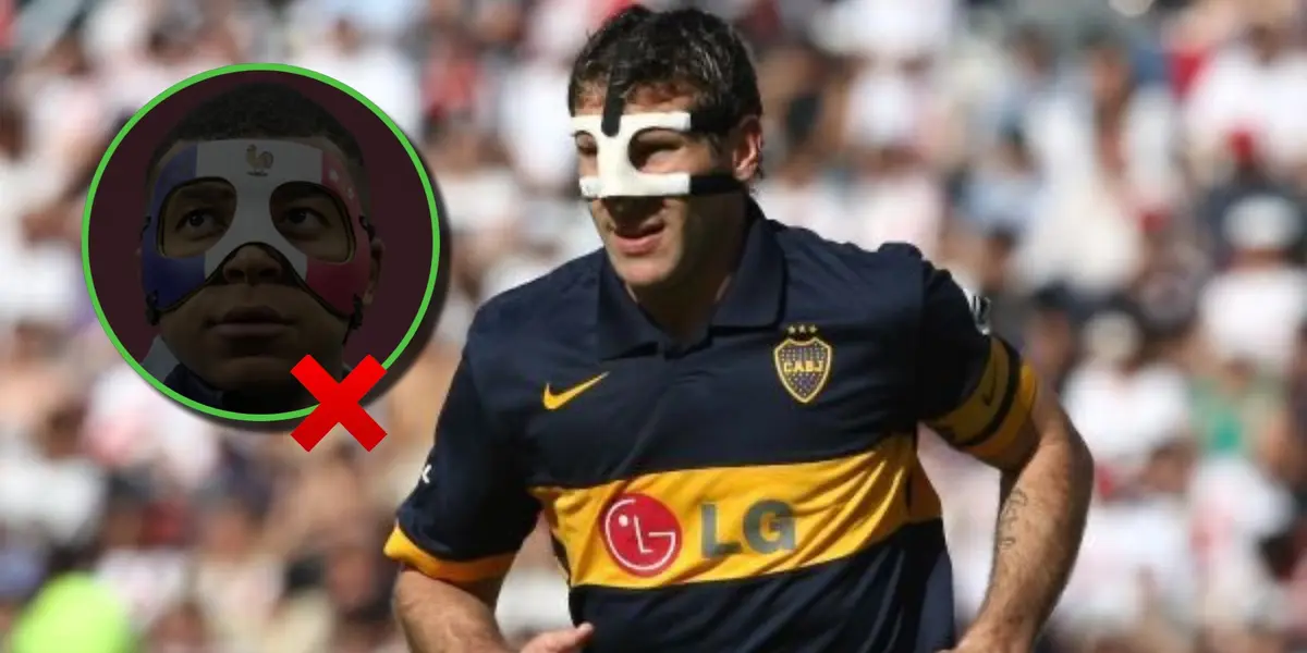 Martín Palermo en Boca con su máscara blanca.