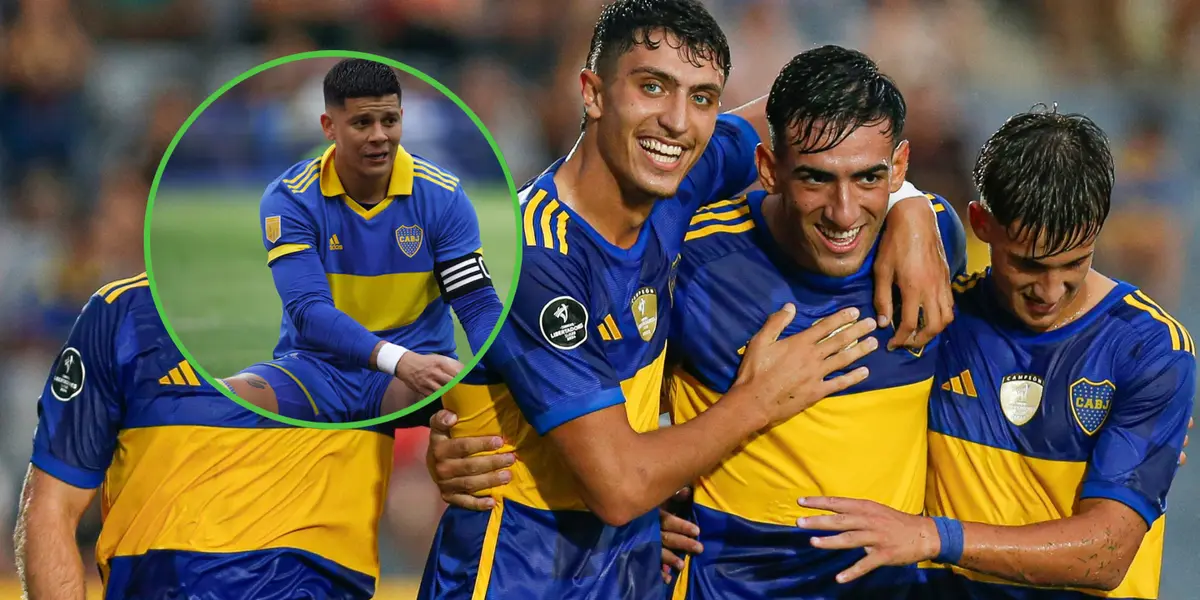 Mateo Mendía abraza a Lautaro Di Lollo tras un gol en la reserva de Boca.