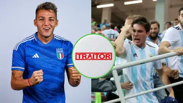Mateo Retegui posando con la camiseta de la selección de Italia.