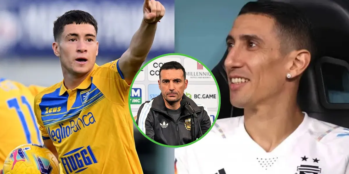 Matías Soulé festeja un gol con Frozinone, y a su lado Ángel Di María.