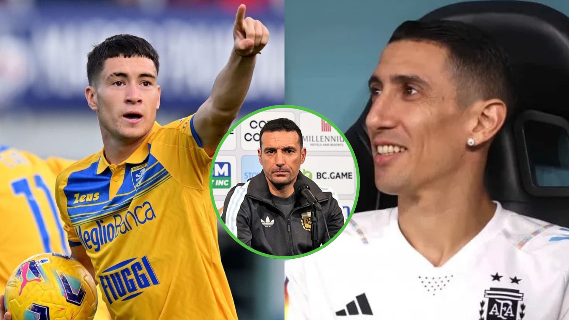 Matías Soulé festeja un gol con Frozinone, y a su lado Ángel Di María.