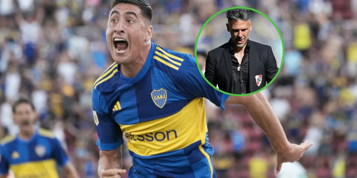 Merentiel grita su gol a River con la camiseta de Boca.