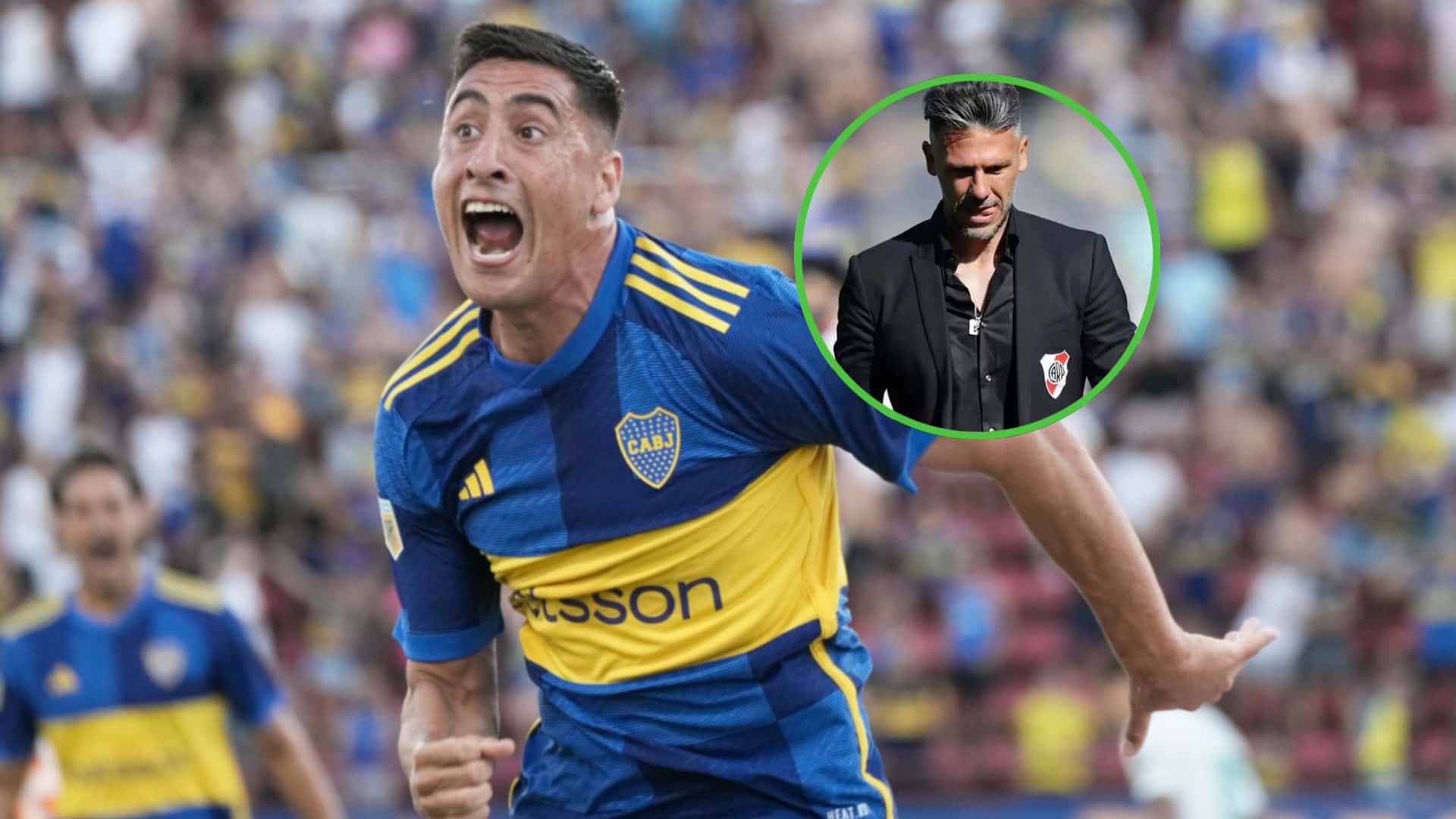 Merentiel grita su gol a River con la camiseta de Boca.
