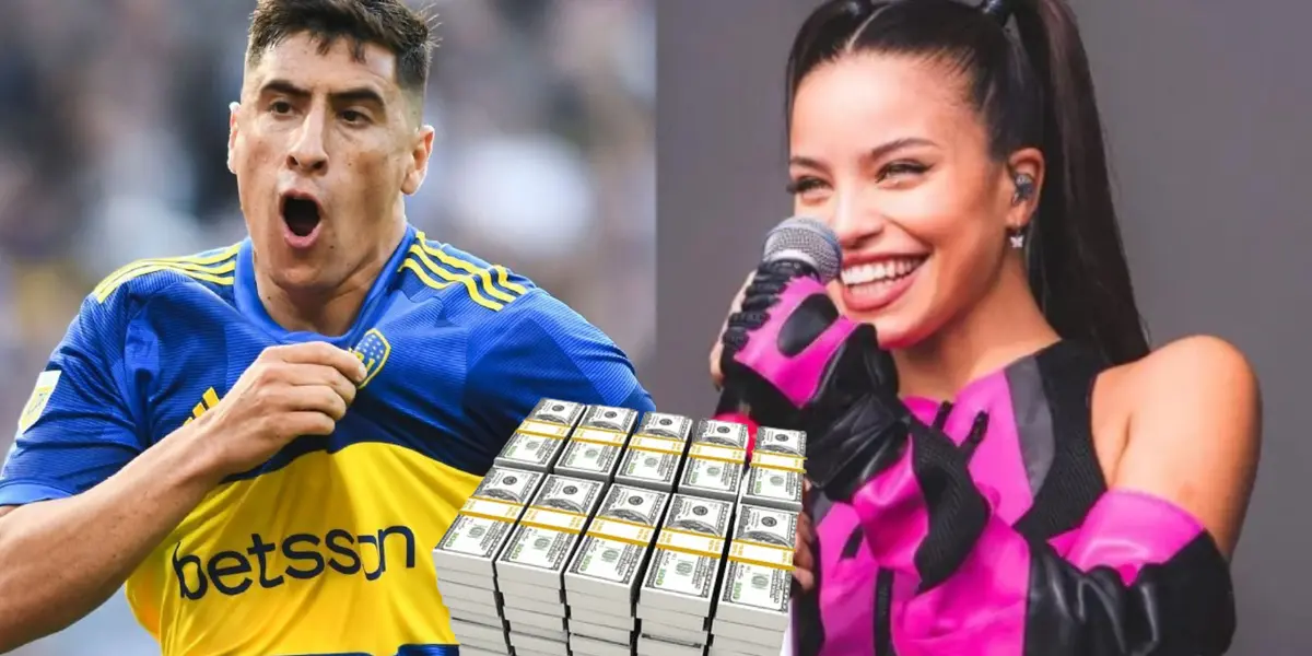 Miguel Merentiel con la camiseta de Boca, y Emilia Mernes toma un micrófono.