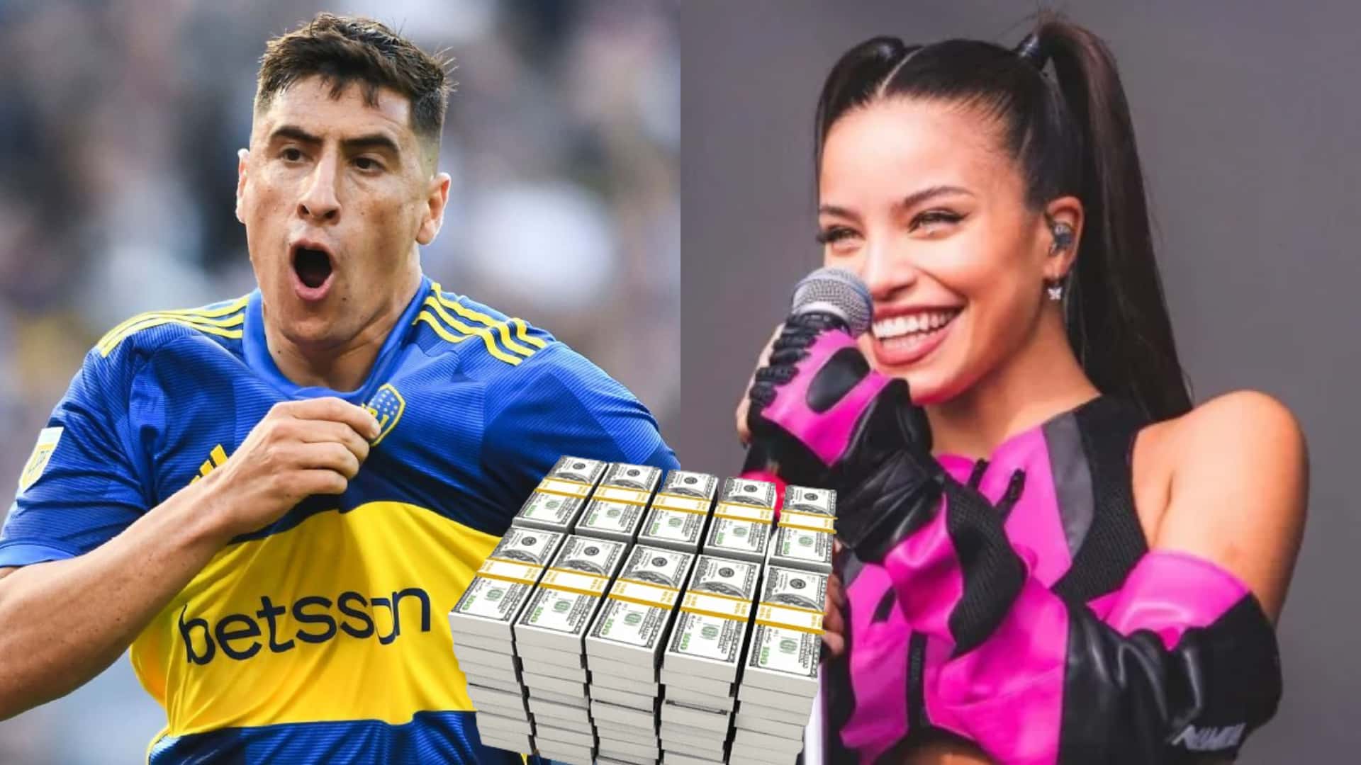 Miguel Merentiel con la camiseta de Boca, y Emilia Mernes toma un micrófono.