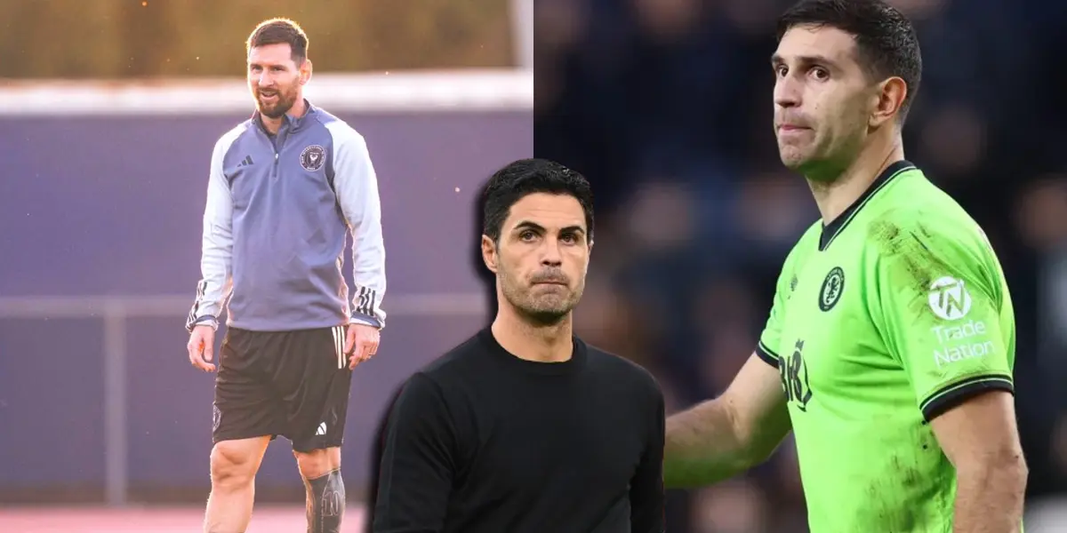 Mikel Arteta, Lionel Messi y Emiliano Martínez.