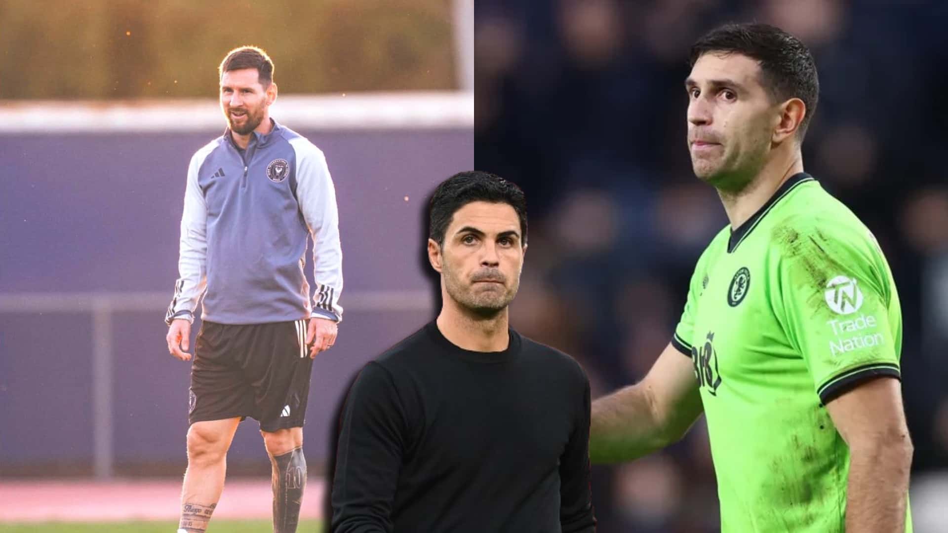 Mikel Arteta, Lionel Messi y Emiliano Martínez.