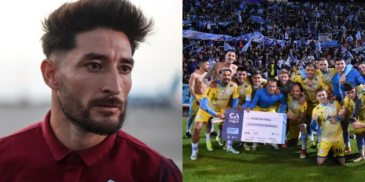 Milton Casco con la chomba de River, y a su lado el plantel de Temperley tras ganar el cruce.