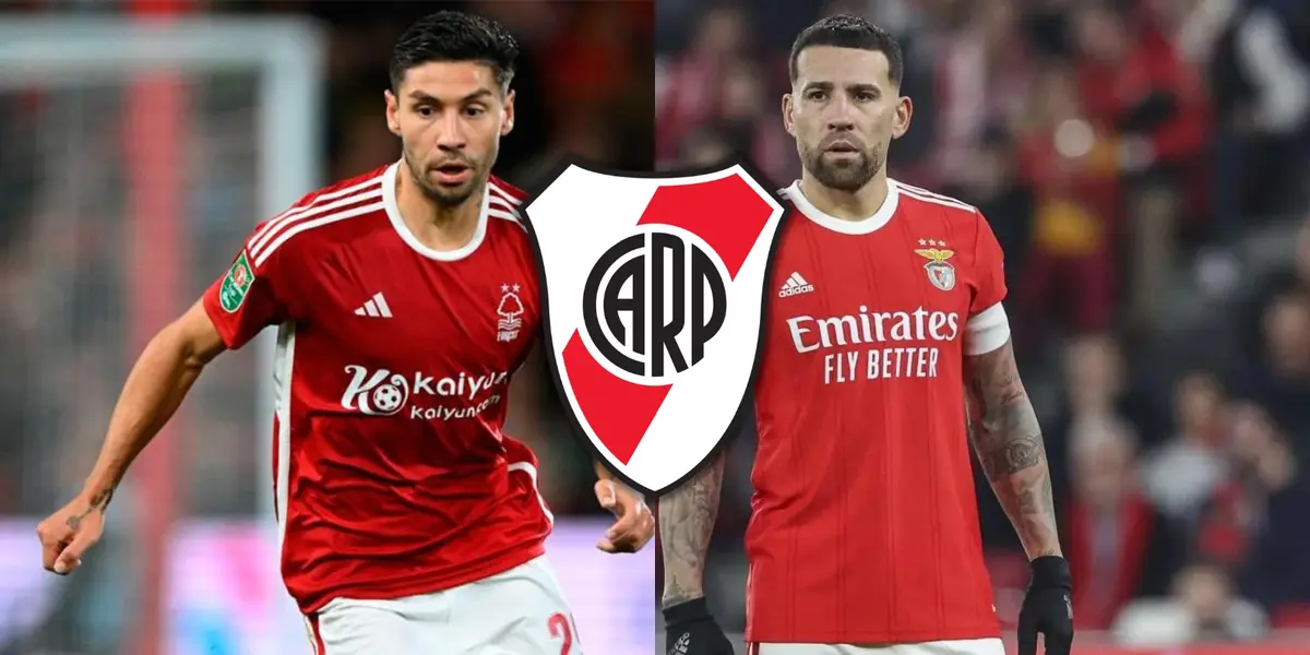 Montiel y Otamendi junto al escudo de River.
