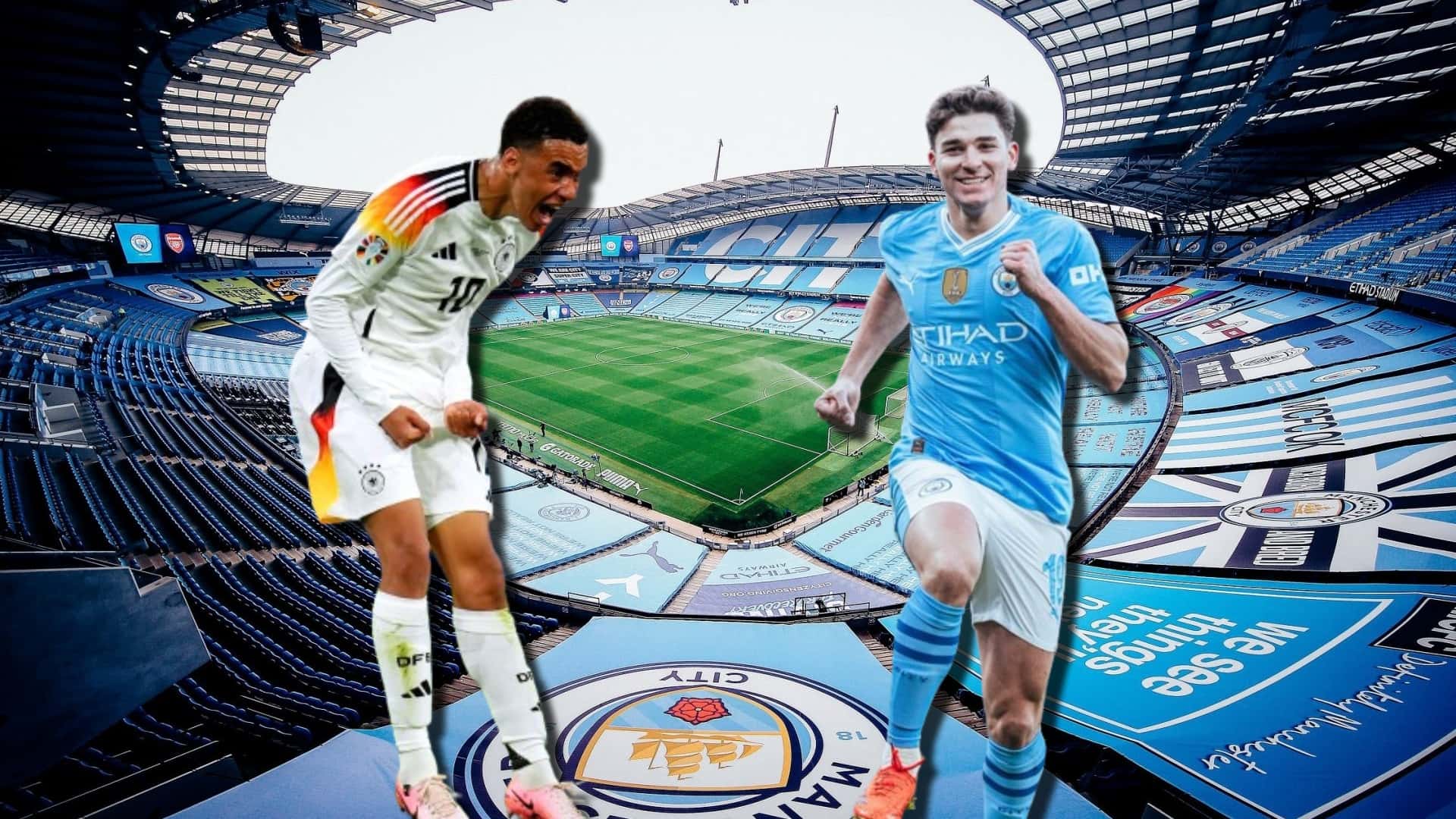 Musiala con Alemani y Julián Álvarez en Manchester City.