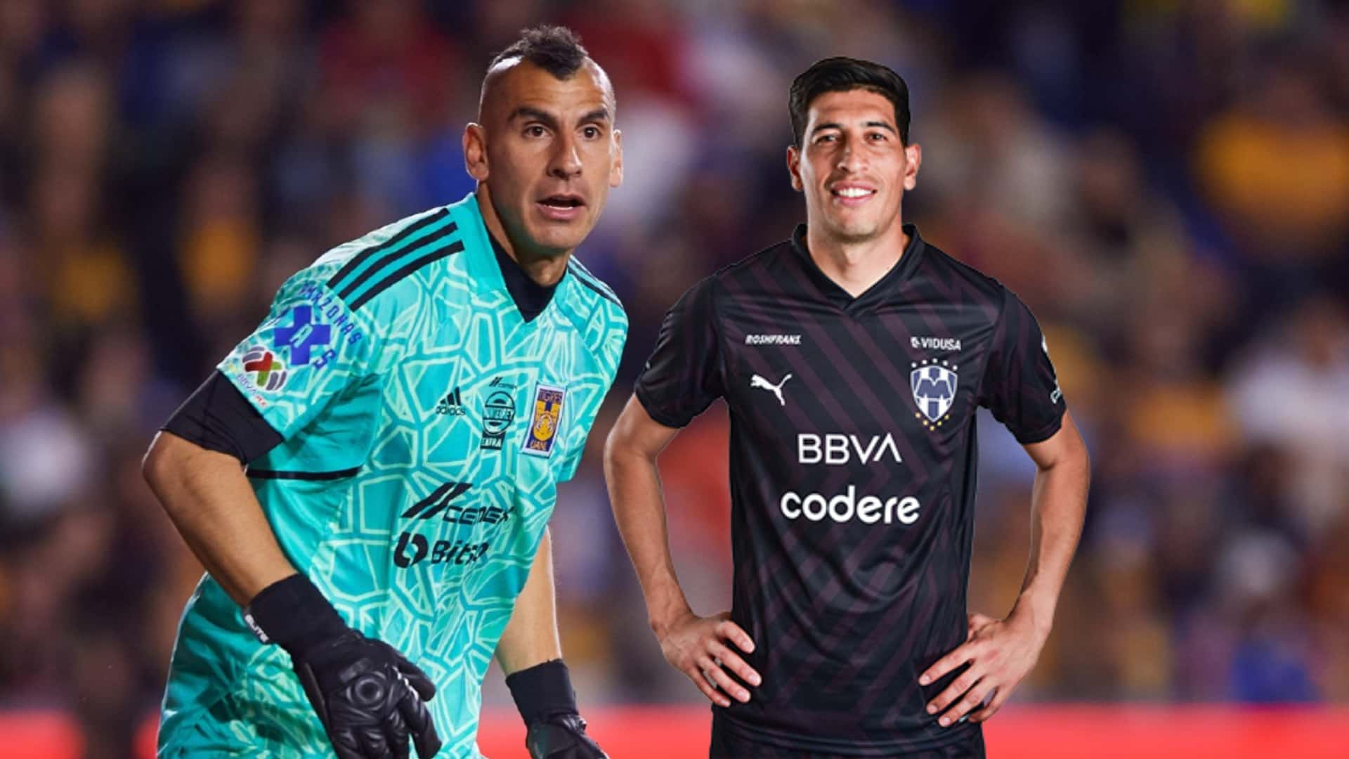 Nahuel Guzmán y Esteban Andrada con las camisetas de Tigres y Monterrey
