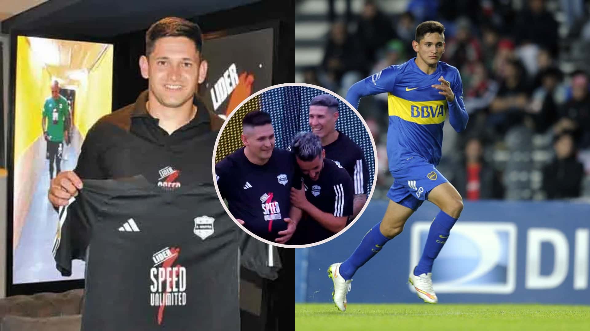 Nicolás Benegas, con las camisetas de Riestra y Boca.