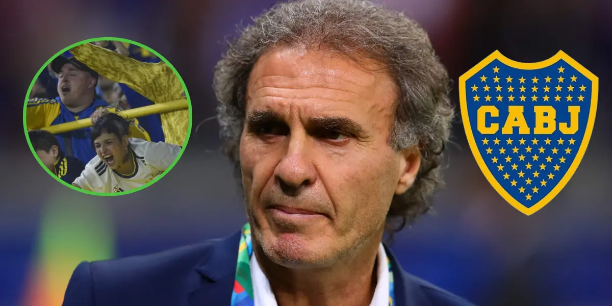 Oscar Ruggeri con mirada seria, rodeado por hinchas de Boca y su escudo.