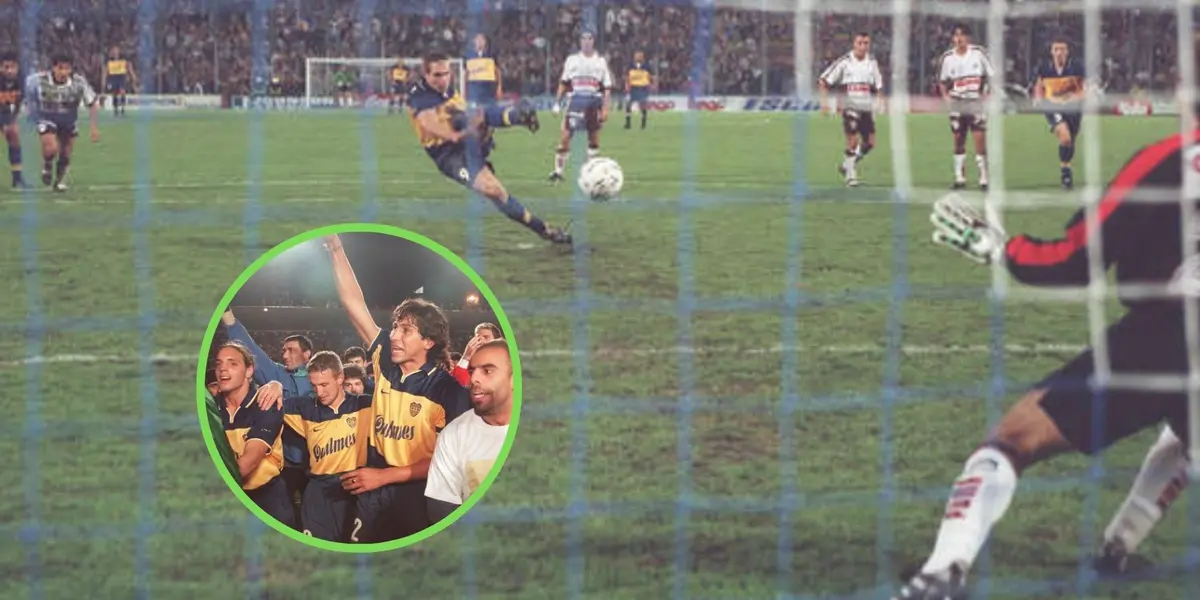 Palermo pateando el penal con las dos piernas.