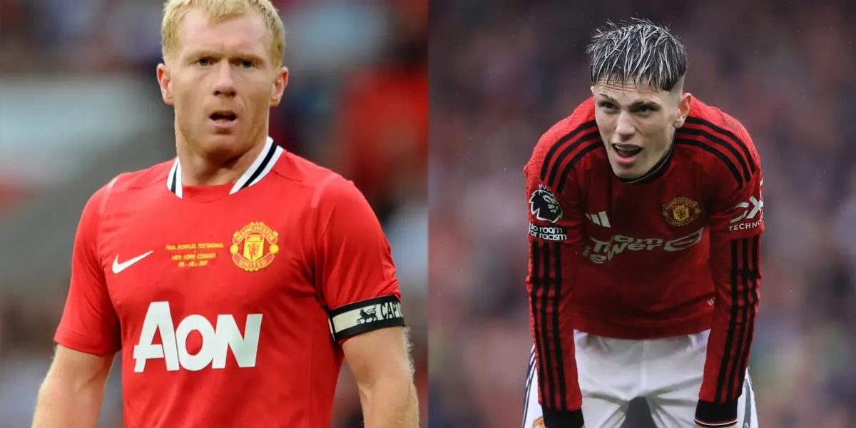 Paul Scholes y Alejandro Garnacho con la camiseta de Manchester United