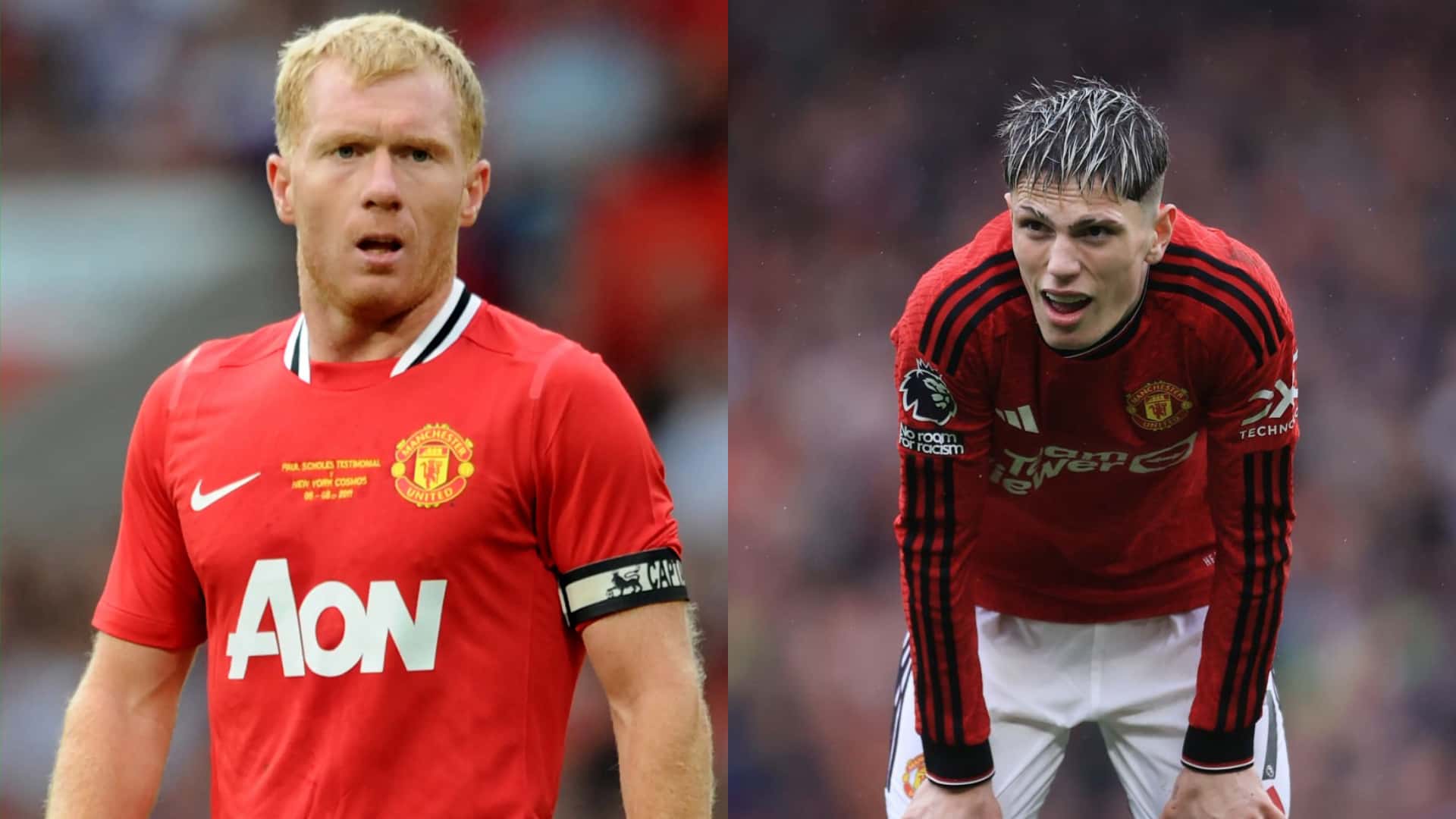 Paul Scholes y Alejandro Garnacho con la camiseta de Manchester United