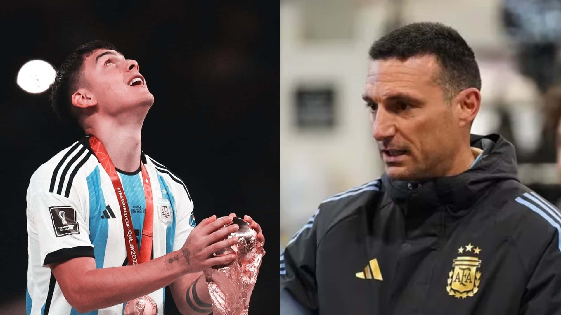 Paulo Dybala toca la Copa del Mundo (2022). Lionel Scaloni en conferencia de prensa (2024).