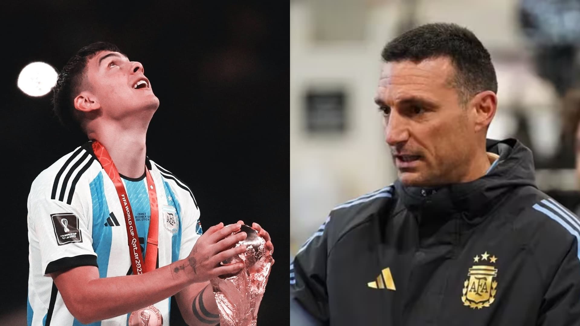 Paulo Dybala toca la Copa del Mundo (2022). Lionel Scaloni en conferencia de prensa (2024).