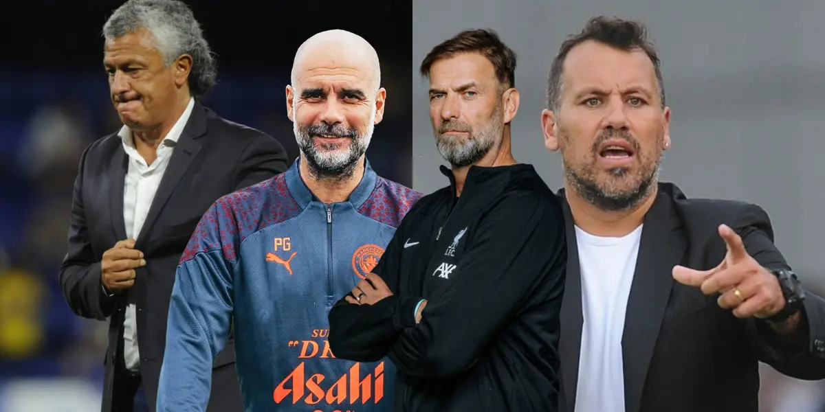 Pep Guardiola y Jürgen Klopp con sus respectivos buzos de Manchester City y Liverpool