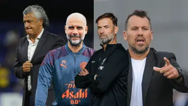 Pep Guardiola y Jürgen Klopp con sus respectivos buzos de Manchester City y Liverpool