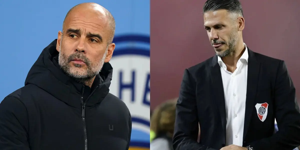 Pep Guardiola y Martín Demichelis, con atuendos de sus respectivos equipos.