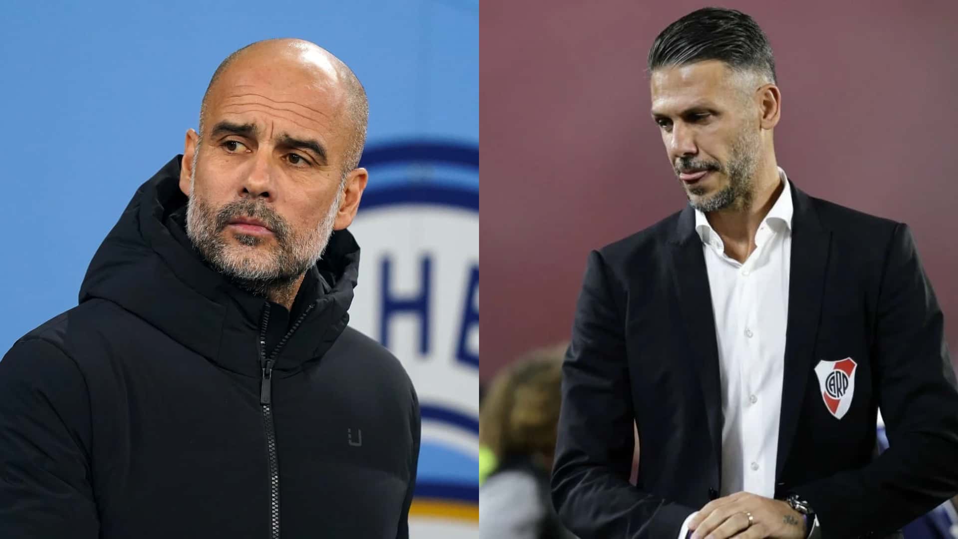 Pep Guardiola y Martín Demichelis, con atuendos de sus respectivos equipos.