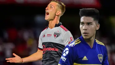 Pol Fernández con la camiseta de Boca y de fondo Giuliano Galoppo.