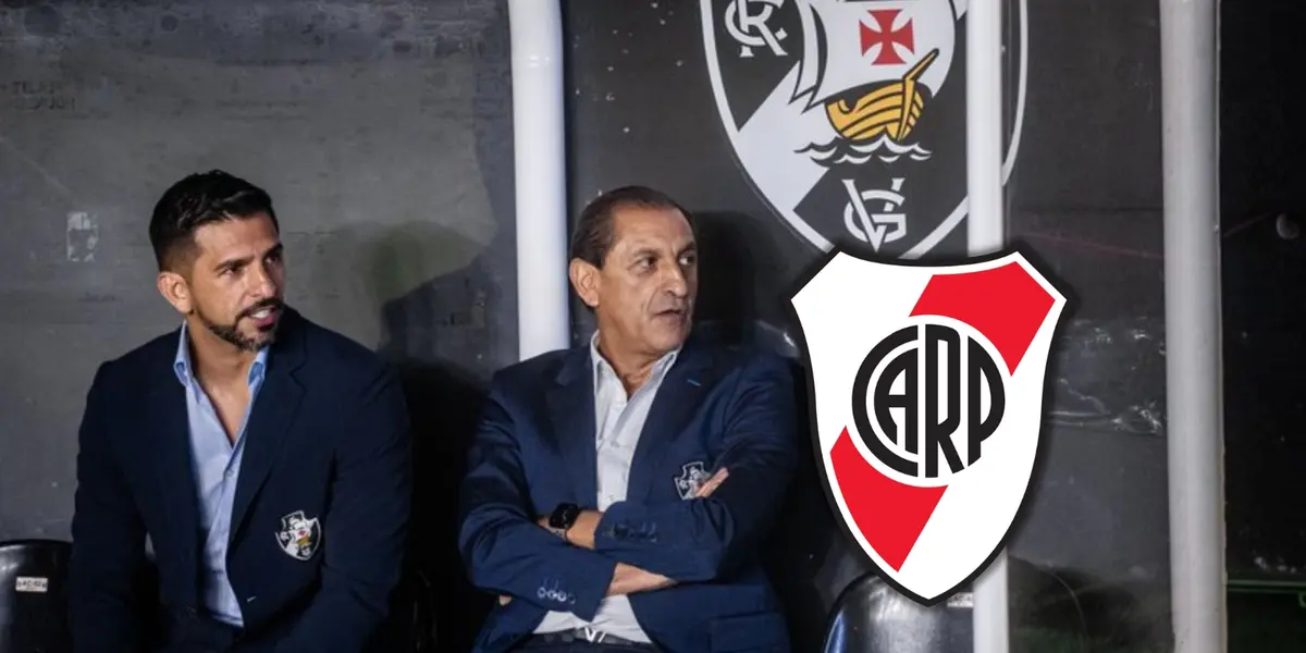 Ramón Díaz junto a su hijo y el escudo de River.