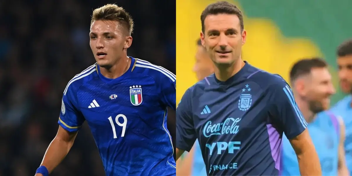 Retegui y Scaloni, mirando a diferentes lugares.