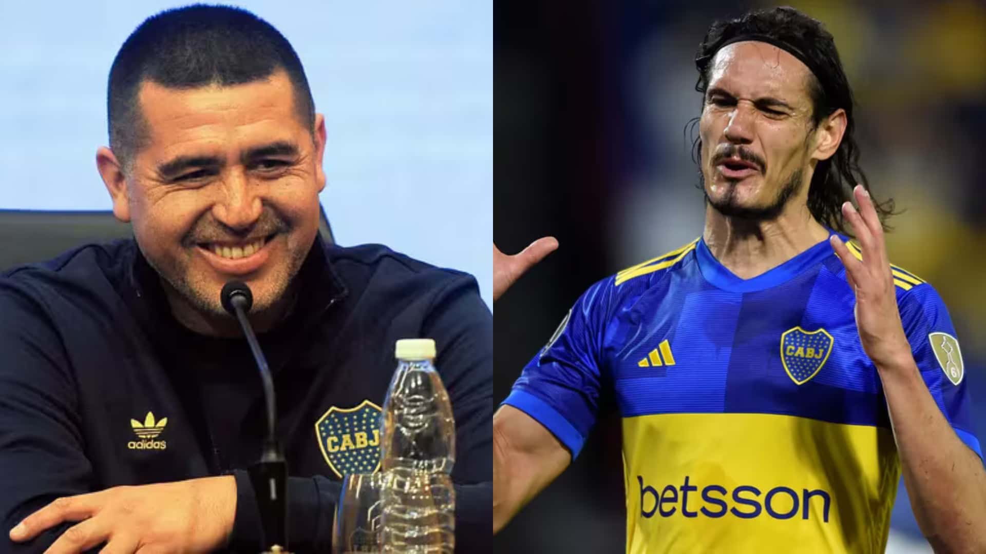 Riquelme dando una conferencia de prensa, y Cavani jugando para Boca.