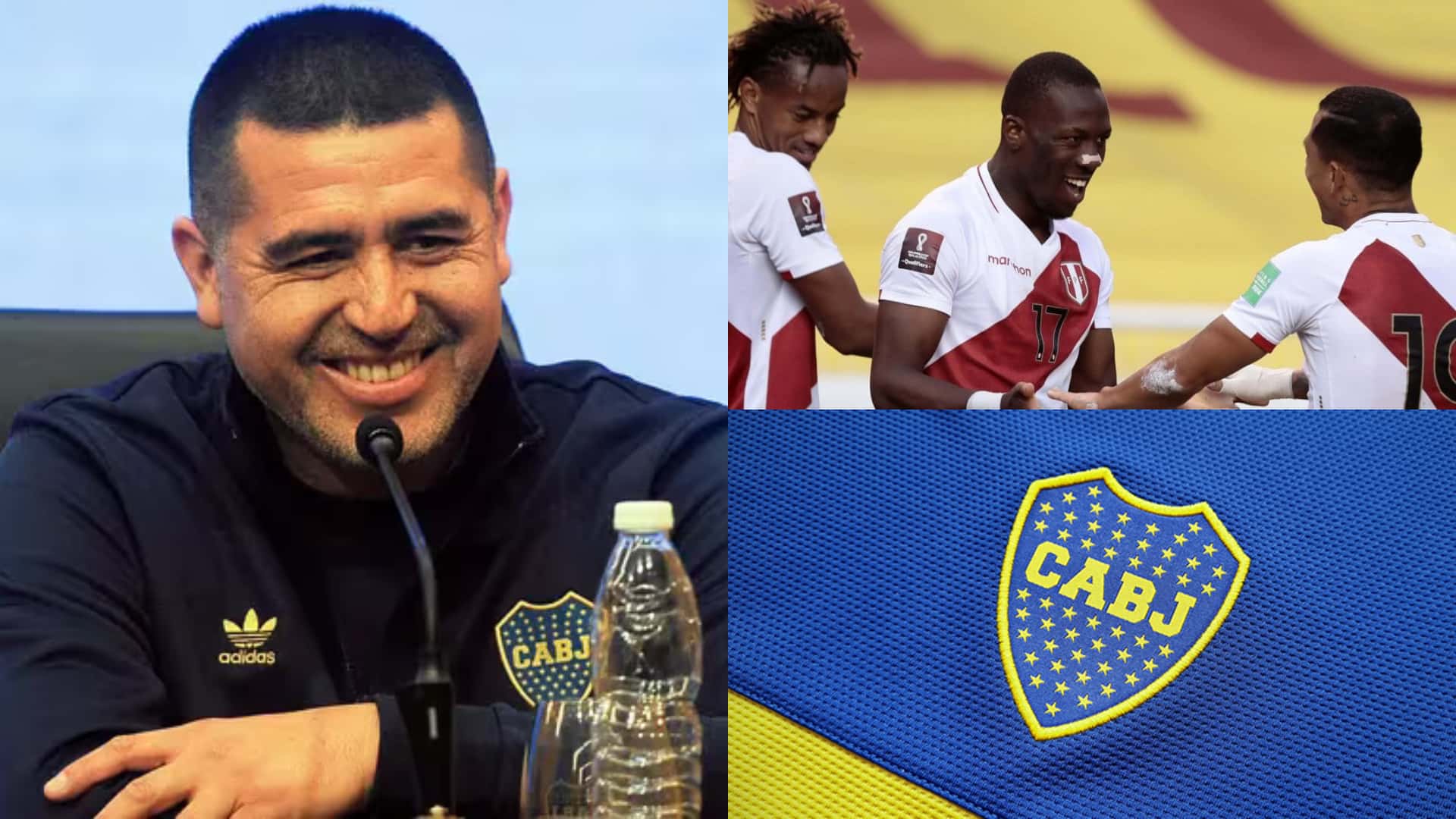 Riquelme sonríe en conferencia de prensa. A su lado, Advíncula con la selección de Perú.
