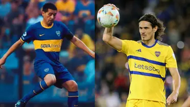 Riquelme y Cavani con las respectivas camisetas de Boca.
