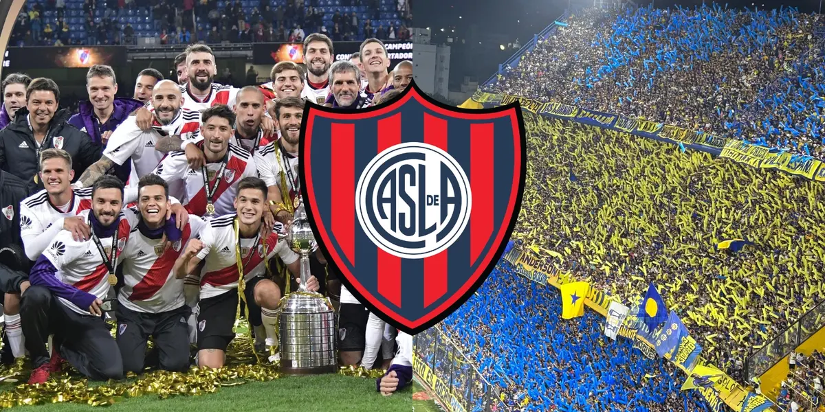 River campeón, hinchada de Boca y escudo de San Lorenzo.