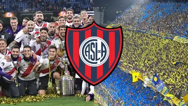 River campeón, hinchada de Boca y escudo de San Lorenzo.