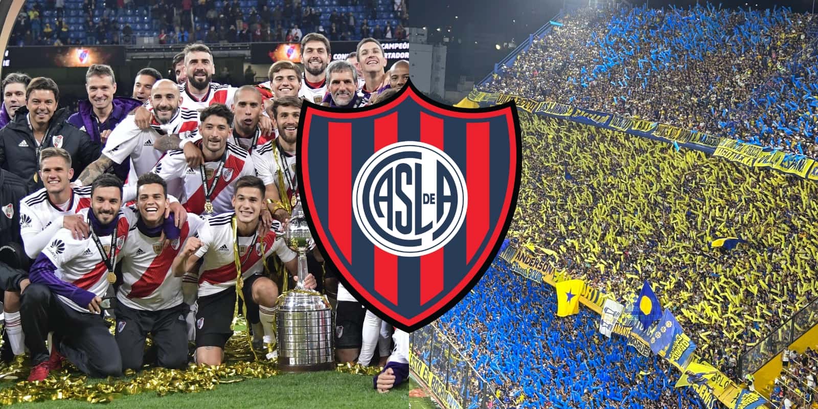 River campeón, hinchada de Boca y escudo de San Lorenzo.