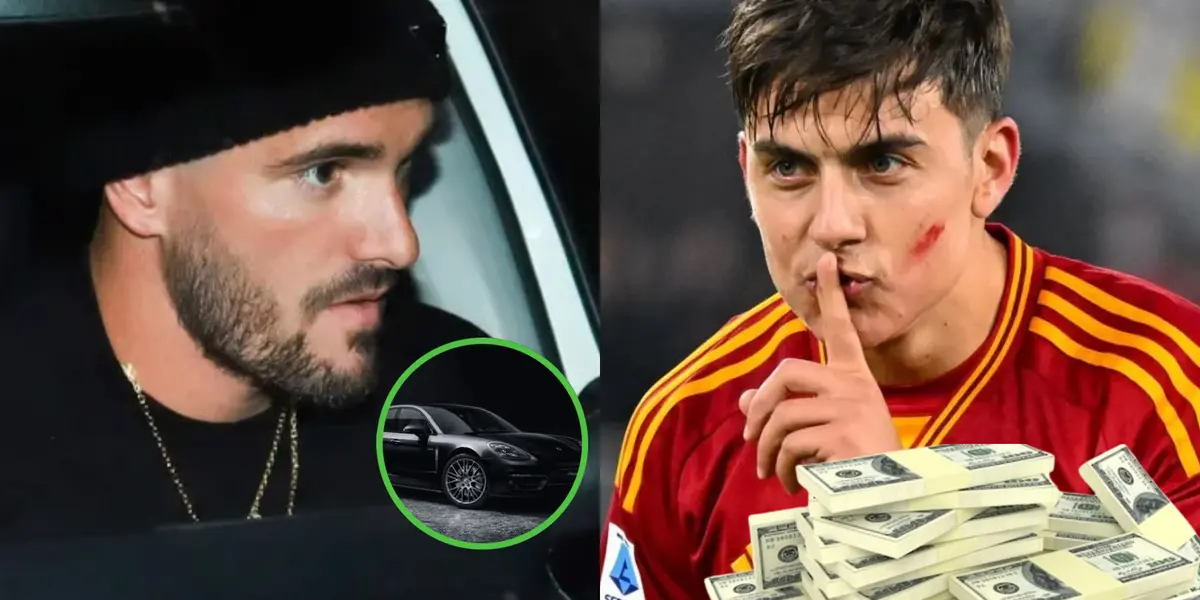Rodrigo De Paul dentro de su auto, y Paulo Dybala festejando un gol en Roma.