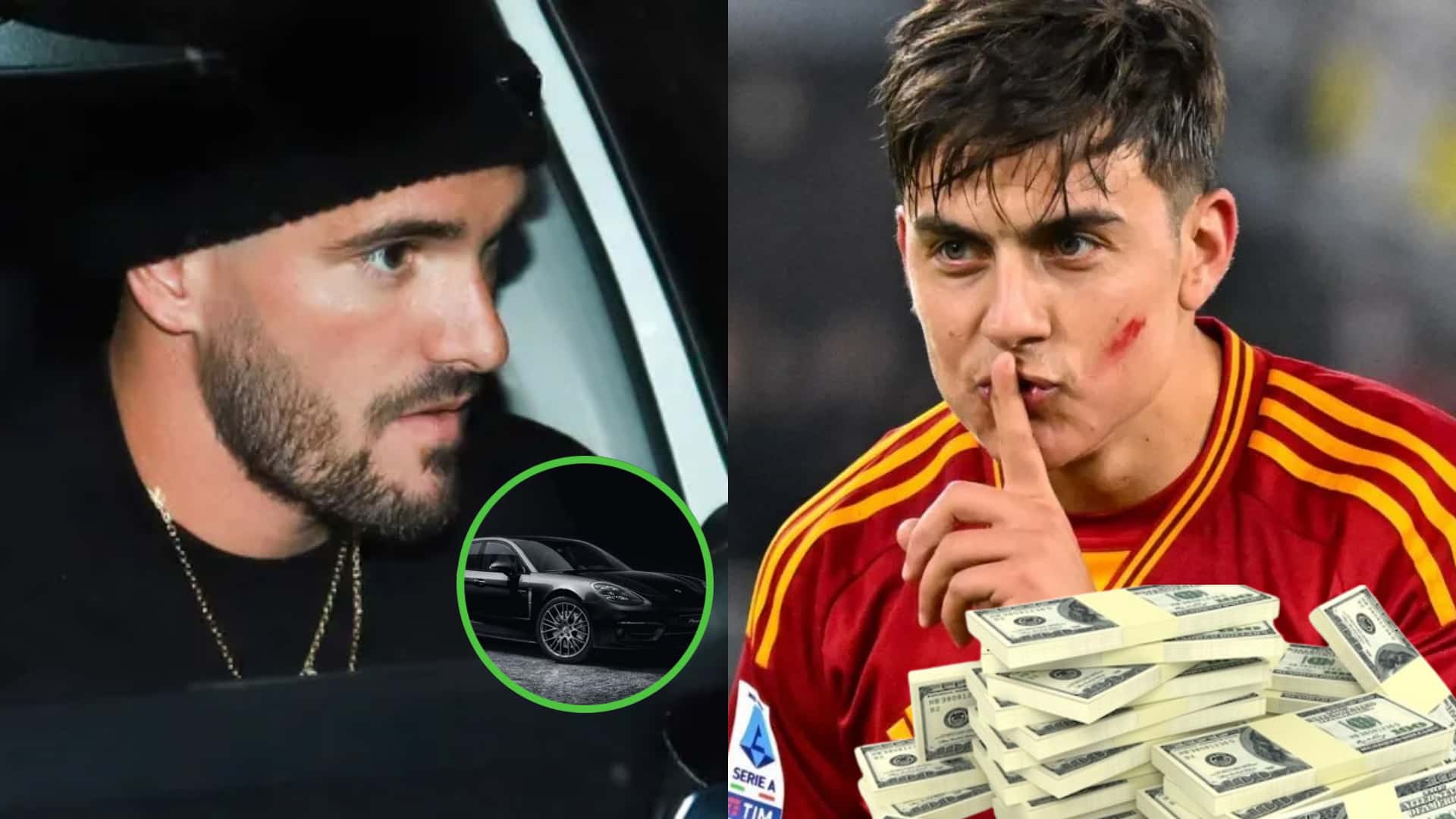 Rodrigo De Paul dentro de su auto, y Paulo Dybala festejando un gol en Roma.