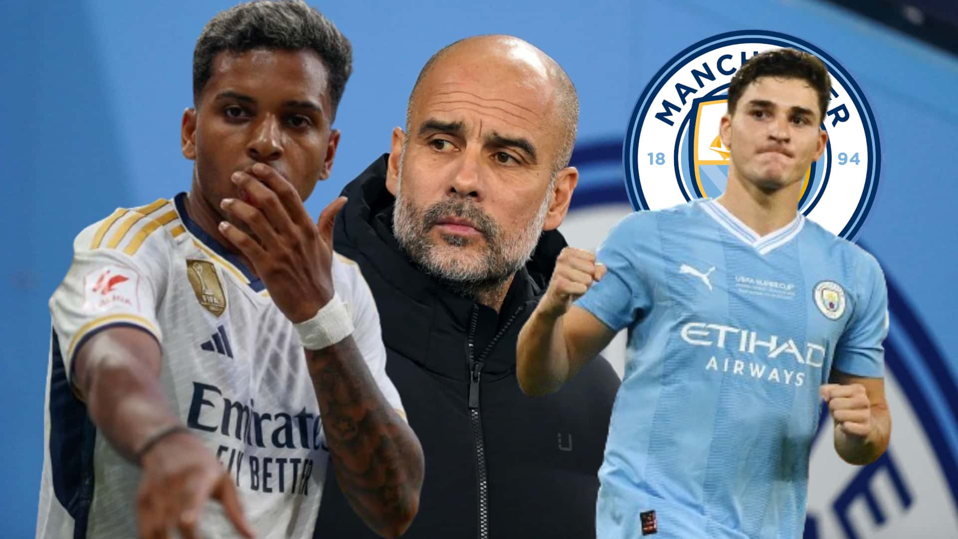 Rodrygo, Pep Guardiola, y Julián Álvarez.