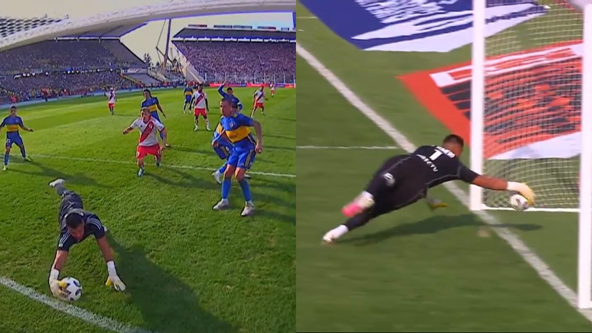 Romero evita con su mano que la pelota entre dentro de su arco en Boca.