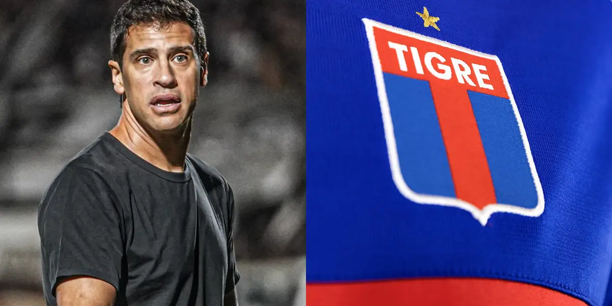 Sebastián Domínguez sorprendido y el escudo de Tigre.