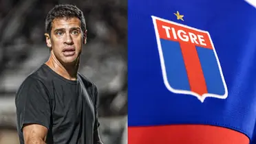 Sebastián Domínguez sorprendido y el escudo de Tigre.