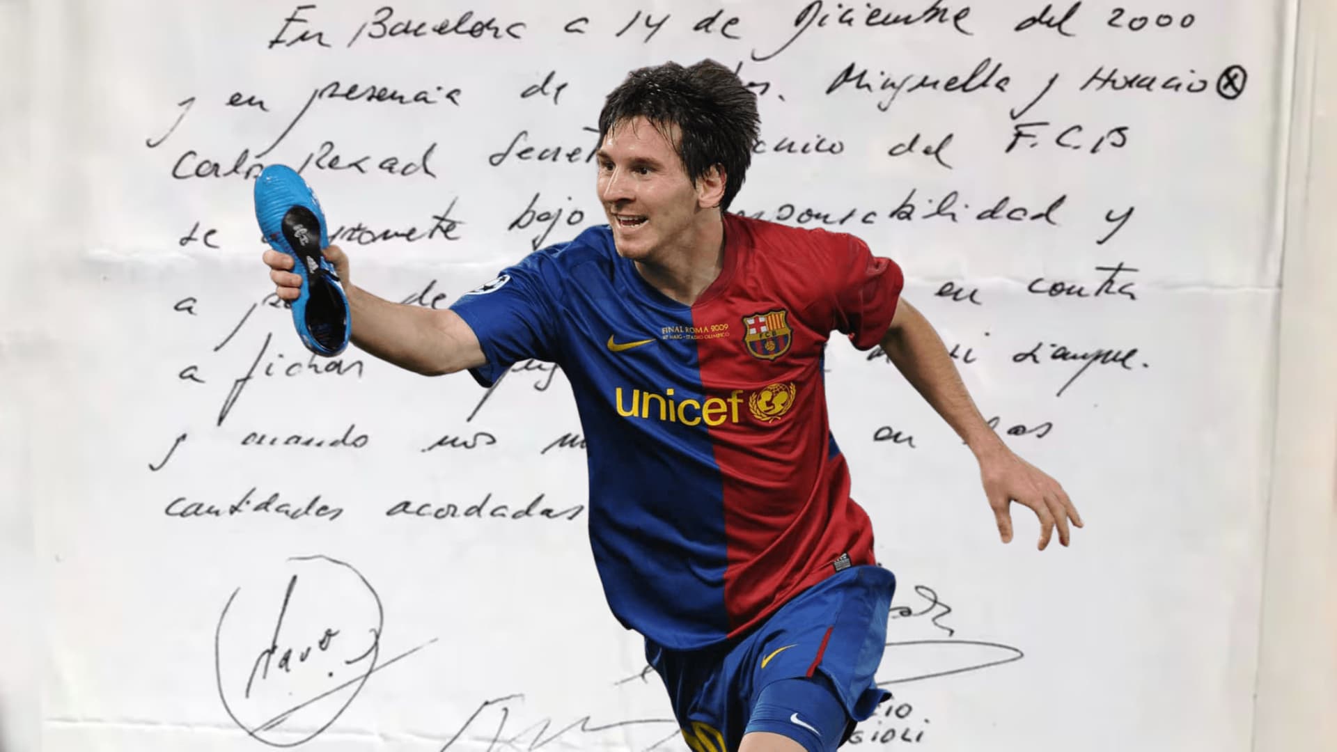 Subastarán la servilleta del contrato de Messi por Barcelona